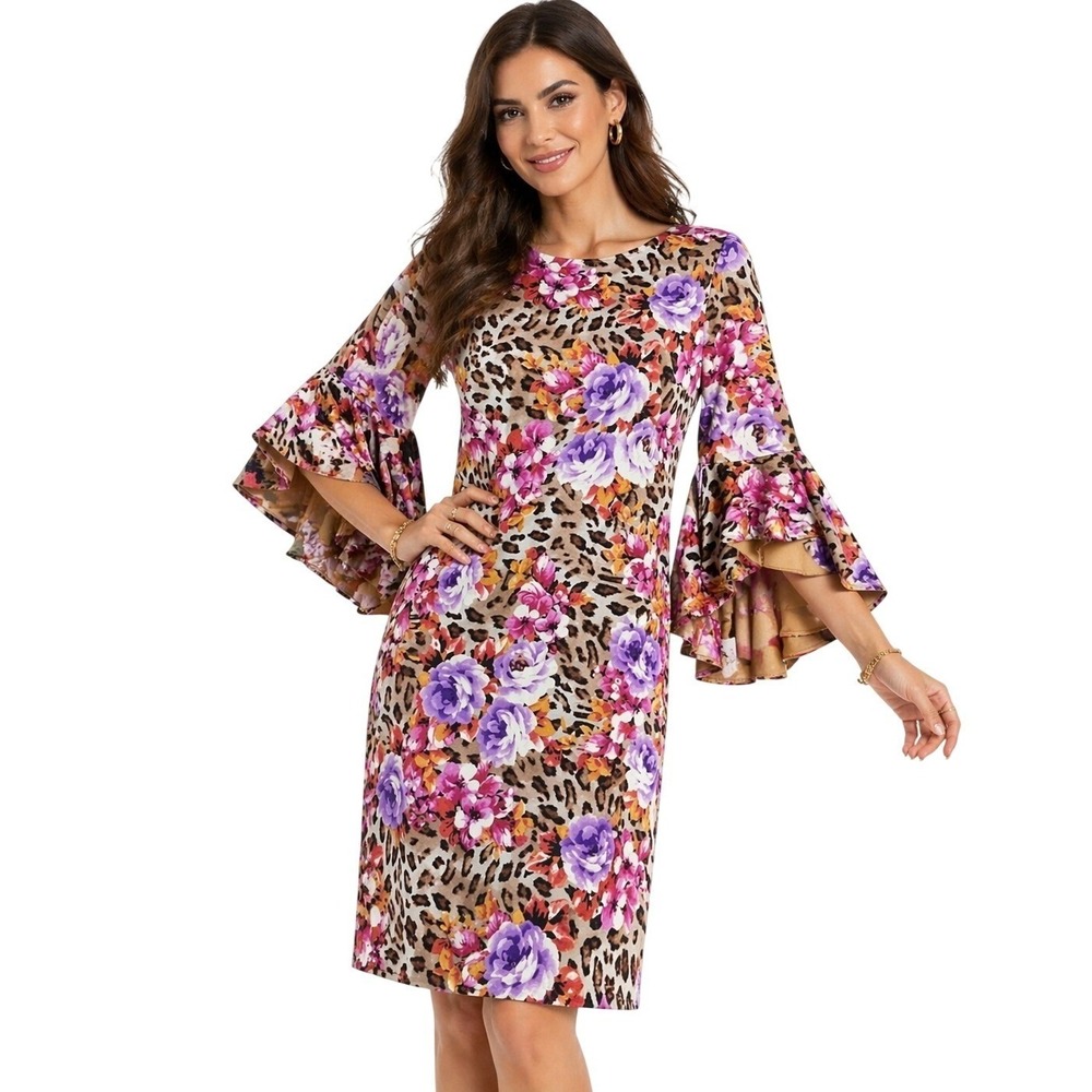 Shelby & Palmer Sheath Dress Size 6 Purple Floral Tiered Leopard Bell Sleeve New
